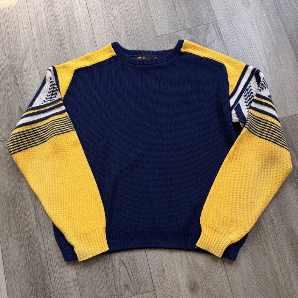 Vintage 80s Sweater Mens L Navy Yellow Geometric Knit Orlon Wisconsin Ski